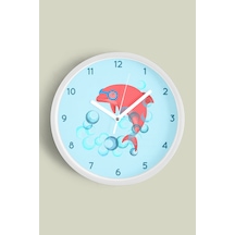Sevimli Yunus Modern Çocuk Odası Duvar Saati - 35cm - Önü Camlı Beyaz Kasa - Sessiz Mekanizma Beyaz