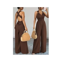 Meridefashion Kadın Askılı Halka Detaylı Arkadan Çapraz Kahverengi Tulum 2xl/3xl