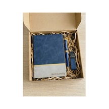 Kişiye Özel Ajanda Set Vıp Defter & Kalem & Anahtarlık Set - Mavi Mavi