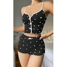 Kadın Siyah Kalp Desenli Askılı Şortlu Pijama Takım 5008 Siyah