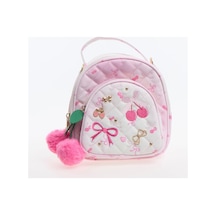 Myballistore Kapitoneli Kiraz Ve Kurdele İşlemeli, Peluş Kiraz Aksesuarlı Mini Sırt Çantası 21x18cm pembe
