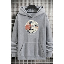 Uyguntarz Unisex Kanagawa Oki Nami Ura Baskılı Sweatshirt Gri