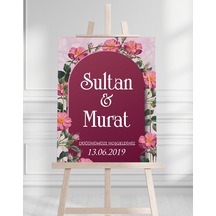 Söz Nişan Düğün İçin 50x70 Karşılama Panosu - Pembe Çiçek Tasarımlı 001 Beyaz