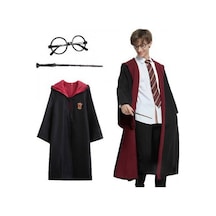 Harry - 986 - Potter Gryffindor Kapişonlu Çocuk Kostüm + Asa + Gözlük Seti - Kmrsfres - 5-6 Yaş
