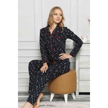 Farya Home Dreamy Yıldız Desenli Biyeli Gömlek Pijama Takımı Lacivert
