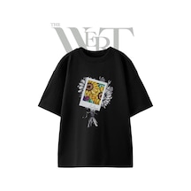 Thewert Sunflower Drawing Tasarım Baskılı Ünisex Siyah Oversize T-shirt