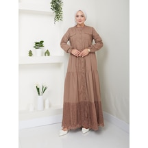 Dantelli Doğal Kumaşlı Boydan Düğmeli Kot Elbise Vizon