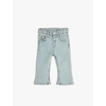 Koton Kot Pantolon İspanyol Paça Cepli Pamuklu - Flare Jean Beli Ayarlanabilir Lastikli Lıght Indıgo 3smg40009ad Açık Mavi