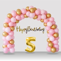 5 Yaş Retro Gold Pembe Balon Happy Birthday Banner Gold Rakam Doğum Günü Süsleme Çok Renkli