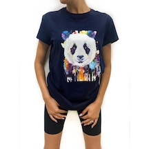 Kadın Panda Baskılı Basic Lacivert Tshirt