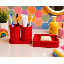 3d Baskı Diş Fırçalık Ve Sabunluk Seti - Lavabo Üstü Banyo Organizeri-kırmızı Çok Renkli
