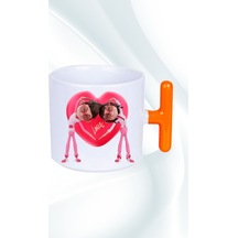 Mutlu Çiftler Love Kalp Baskılı Hediye T Saplı Kupa Bardak Porselen Çay Kahve Fincanı Turuncu