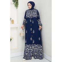 Çilay Düğmeli Dokuma Viskon Elbise 1561 - Lacivert Lacivert