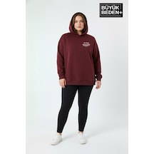 Süperlife Kadın Büyük Beden Chef Baskılı Kapüşonlu Rahat Kalıp İnce Sweatshirt Spr26bswk966 Bordo