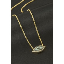 Oval - 341 - Nazar Zirkon Taşlı - Nazblsmm - Kolye Sarı Metal