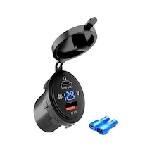 Usb Şarj Soket Type C-qc3.0 12-24v Yuvarlak Voltmetre'li Mavi