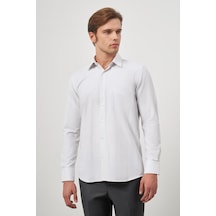İmza Beyaz Uzun Kol Kareli Desen Bez Ayağı Sert Yaka Cepli Pamuklu Classic Comfort Fit Gömlek 1004245163 Beyaz