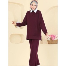 Esra Butik78 Mürdüm Siyah Taş Çimalı Tesettür İkili Takım Tunik Pantolon Şık Rahat Bordo