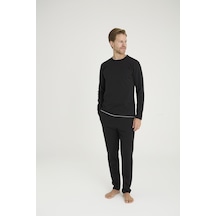 Kly Erkek Midi Yaka %100 Pamuklu 4 Mevsim Uzun Kollu Şerit Detaylı Pijama Takım Siyah