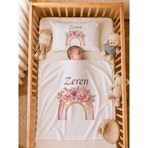 İsme Özel Kız Bebek Battaniye 80x80 Cm Ve Yastık Kılıfı 35x45 Cm %100 Pamuk Organik Baskılı Bebek Seti Bebek Hediyesi 1116yb Krem