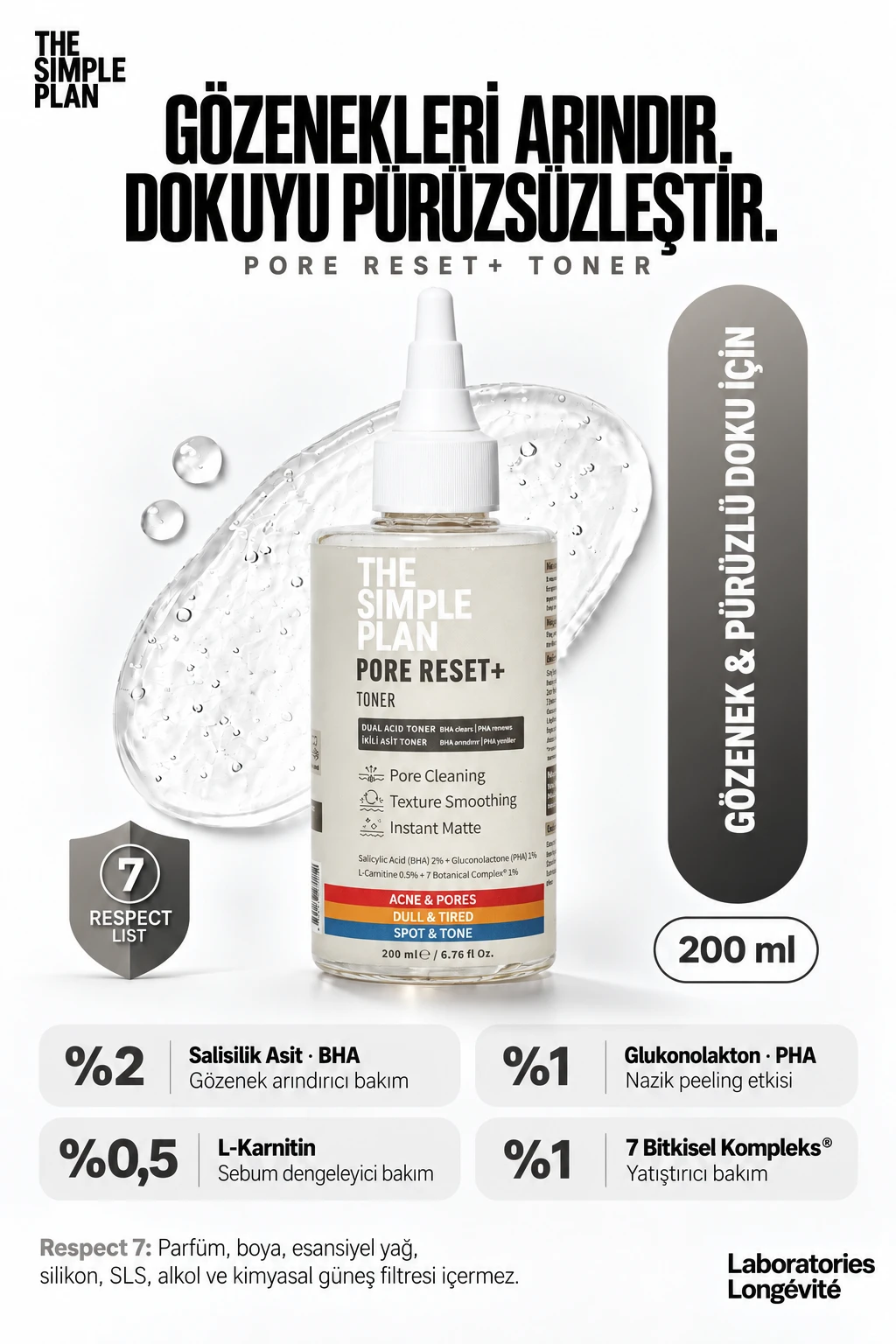 The Simple Plan Pore Reset+ Toner %2 Salisilik Asit Bha + %1 Pha + %0,5 L-karnitin, Gözenek Bakım Toniği, 200 Ml