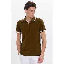 Tudors Erkek Slim Fit Dar Kesim %100 Pamuk Jakarlı Düz Yaka Ve Kol Detaylı Kahverengi Polo Yaka Tişört-50219