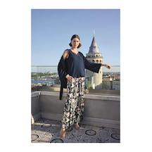 Litae Herşeytrend Yaprak Desenli Ve Dantelli 3lü Pijama Takımı Lacivert
