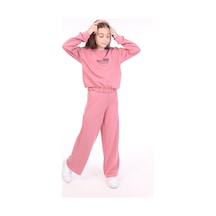 Toontoy Kids Toontoy Kız Çocuk 2'li Takım Baskılı Bisiklet Yaka Sweatshirt & Beli Lastikli Bol Paça Eşofman Altı - 2 İplik Gül Kurusu