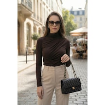 Lela Streç Büzgü Detaylı Slim Fit Dik Yaka Bayan Bluz 669925 Kahve