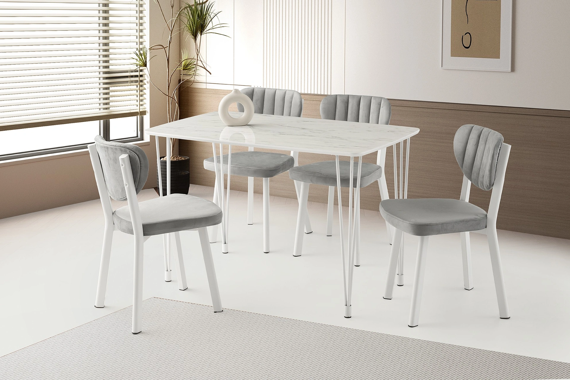 Sabit Masa Firkete Ayak 70x20 Cm Marmo 4 Adet Esinti Sandalye Krem