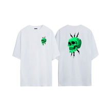 Thewert Unisex Yeşil Kuru Kafa Ve Yıldırımlar Ön Arka Baskılı Beyaz Oversize T-shirt