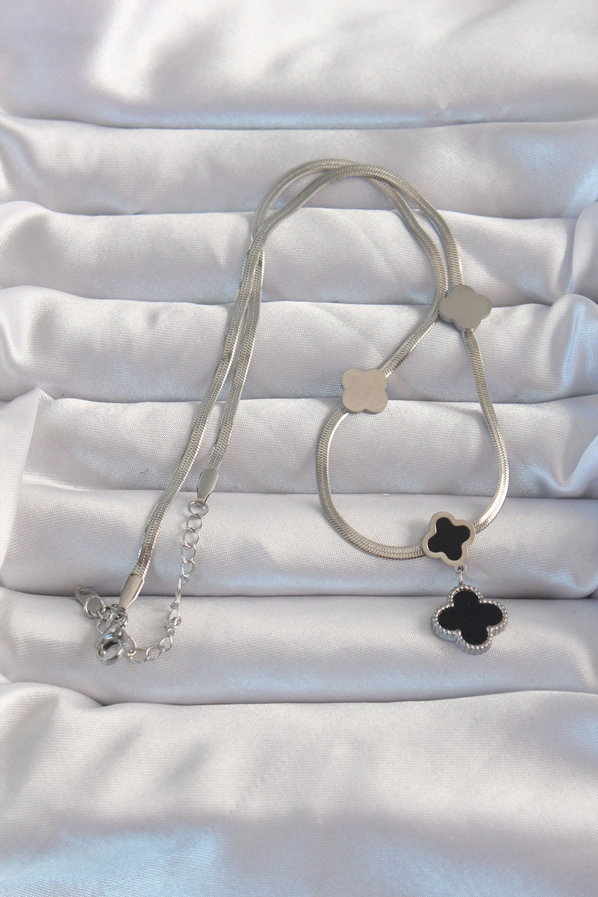 316l Çelik Gümüş Renk İtalyan Zincirli Mineli Yonca Kolye Renkli