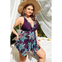 Majeur Kadın Closet Büyük Beden Mor Üstüne Çiçek Desenli Boyundan Bağlamalı Elbise Takımı