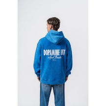 Respire Erkek Dopamine Hit Baskılı Kapüşonlu Oversize Hoodie Mavi