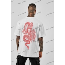 Startmore Unisex Oversize Dragon Baskılı Beyaz Beyaz