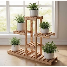 Doğal Masif Ahşap 5 Bölmeli Çiçeklik Saksı Standı - 100x100x25 Cm Geniş Raf Derinliği Bej