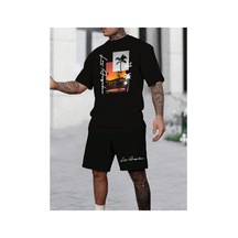 Manfinity Rsrt Erkek Yaz Palmiye Ağacı Mektup Tişört Ve Şort Takımı Siyah