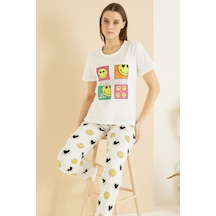 Siyah İnci Pamuklu Bisiklet Yaka Örme Pijama Takım25103234 Ekru