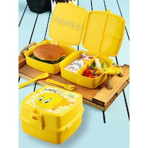 Kilit Kapaklı 2 Katlı 4 Bölmeli Kaşık Ve Çatallı Kare Lunch Box & Beslenme Kutusu - Tweety Temalı