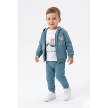 Toontoy Kids Toontoy Erkek Çocuk 3'lü Eşofman Takımı Uzun Kollu Bisiklet Yaka Nakışlı T-shirt - Kapüşonlu Fermuarlı Hırka- Beli Paçası Lastikli Eşofman Altı 25045 Mavi