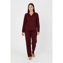 Bravie Luxury Soft Bordo Leopar Desenli Uzun Kollu Kadın Pijama Takımı Büyük Beden 3002 Bordo