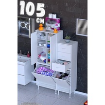 Ohbe 55 + 50cm Genişlik 160cm Boy 32,5cm Derinlik Kirli Sepetli 2 Kapak 3 Çekmeceli Çok Amaçlı Banyo Dolabı 55 + 50 Cm
