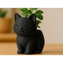 3d Baskı Sevimli Kedi Saksı - Figürlü Sukulent Saksısı-siyah