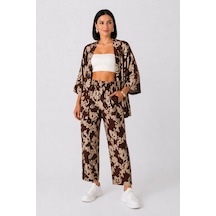Trend Alisse Desenli Kimono Kadın Alt Üst Takım Kahverengi