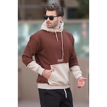 Madmext Acı Kahverengi Kapüşonlu Baskılı Cep Detaylı Erkek Sweatshirt 7083 Acı Kahverengi