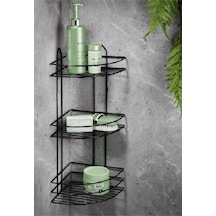 Köşelik Banyo 3 Raflı Siyah Metal Royaleks-56574 Açık Ahşap