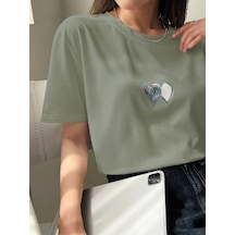 Flood Of Style Kadın Çağla Yeşili Çift Heart Baskılı Oversize T-shirt Yeşil