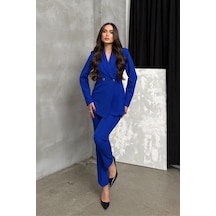 Msm Fashion Kadın İkili Blazer Ceket Pantolon Takım Pile Ve Düğme Detaylı Boru Paça Saks Mavisi