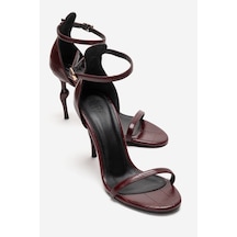 Luvishoes Yelena Bordo Baskı İnce Bantlı Kadın Topuklu Ayakkabı