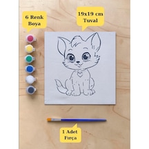Çocuklar İçin Sevimli Kedi Baskılı Tuval Boyama Seti Hayal Gücünü Keşfet 19x19 Cm Tuval, Fırça Ve 6 Renk Akrilik Boya Seti
